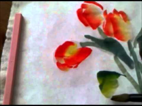 480x360 Painting Tulips In Chinese Watercolor Style On Rice Paper - Rice Paper For Watercolor Painting