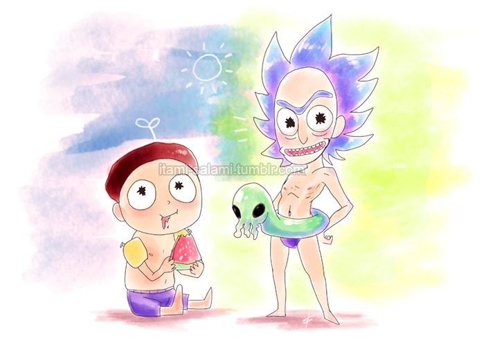 702x496 Rick And Morty Watercolor Beach By Itami Salami - Rick And Morty Watercolor