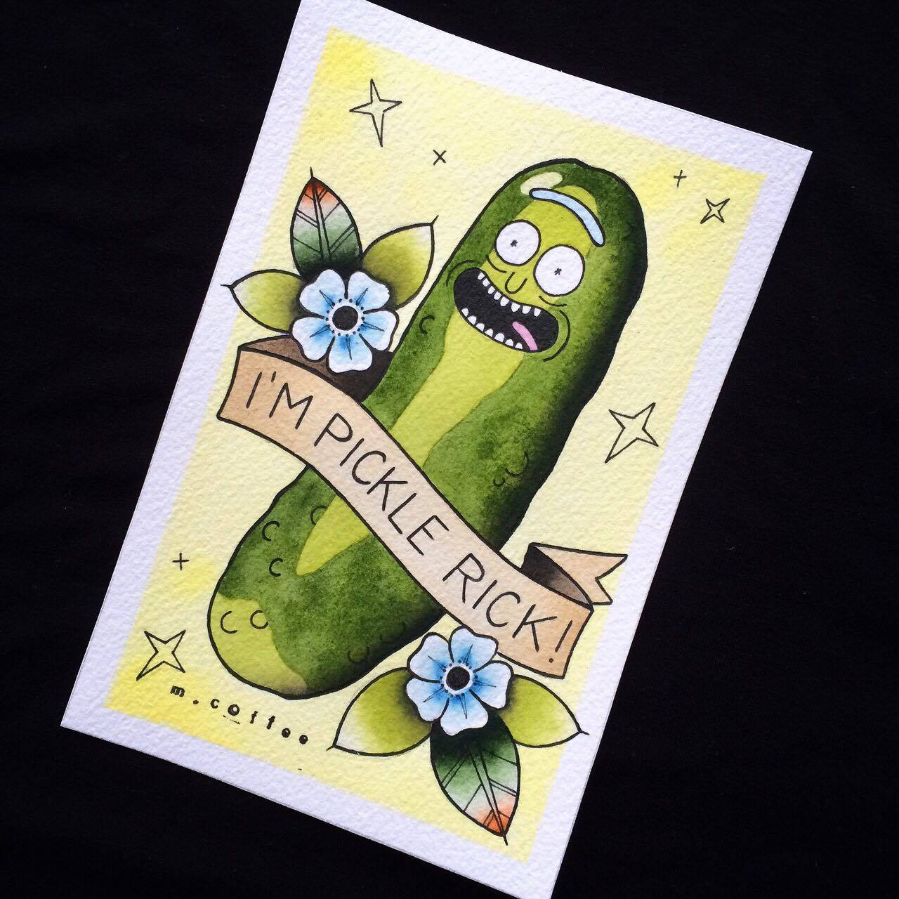 1280x1280 Funny Pickle Tattoo Flash Watercolor Print By Michelle Coffee Etsy - Rick And Morty Watercolor