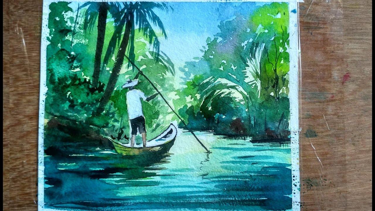 1280x720 Watercolor Painting Fishing Boats On River Paint With David - River Watercolor Painting