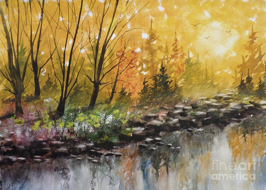 900x642 Golden River View, Watercolor Painting Painting By David K Myers - River Watercolor Painting