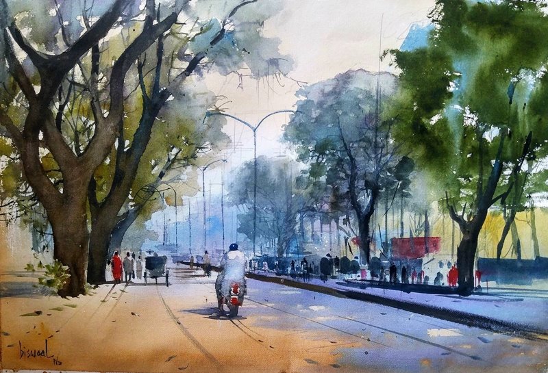 800x545 Nagpur Road By Artist Bijay Biswaal Cityscape Art Watercolor - Road Watercolor