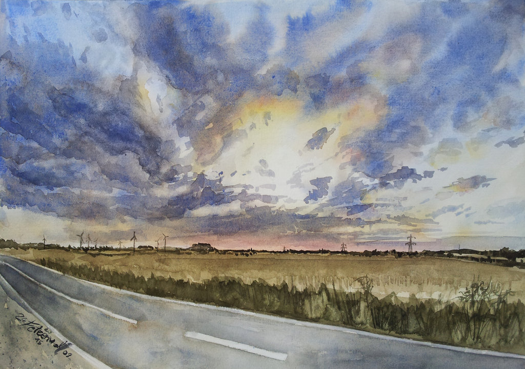 1024x719 On The Road 2' Watercolor Aquarell By Fetzenwolf - Road Watercolor