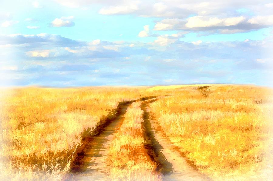 900x598 Watercolor Drawing Of A Yellow Road Through Dry Field, Blue Sky - Road Watercolor