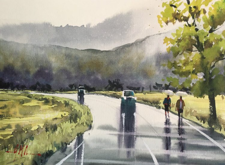 750x550 Watercolor Painting Of A Rainy Japanese Country Road - Road Watercolor