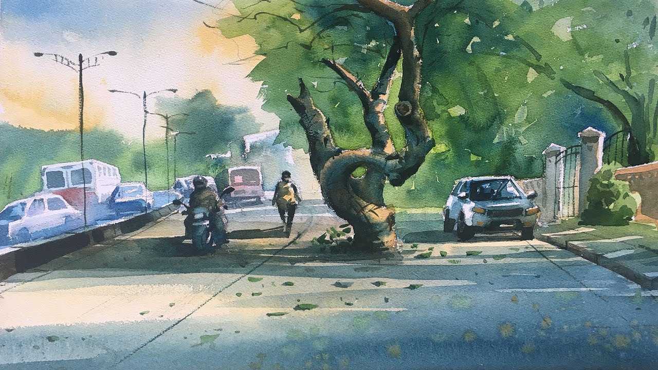 1280x720 Watercolor Painting Of A Tree On The Road And Beautiful Sunlight - Road Watercolor