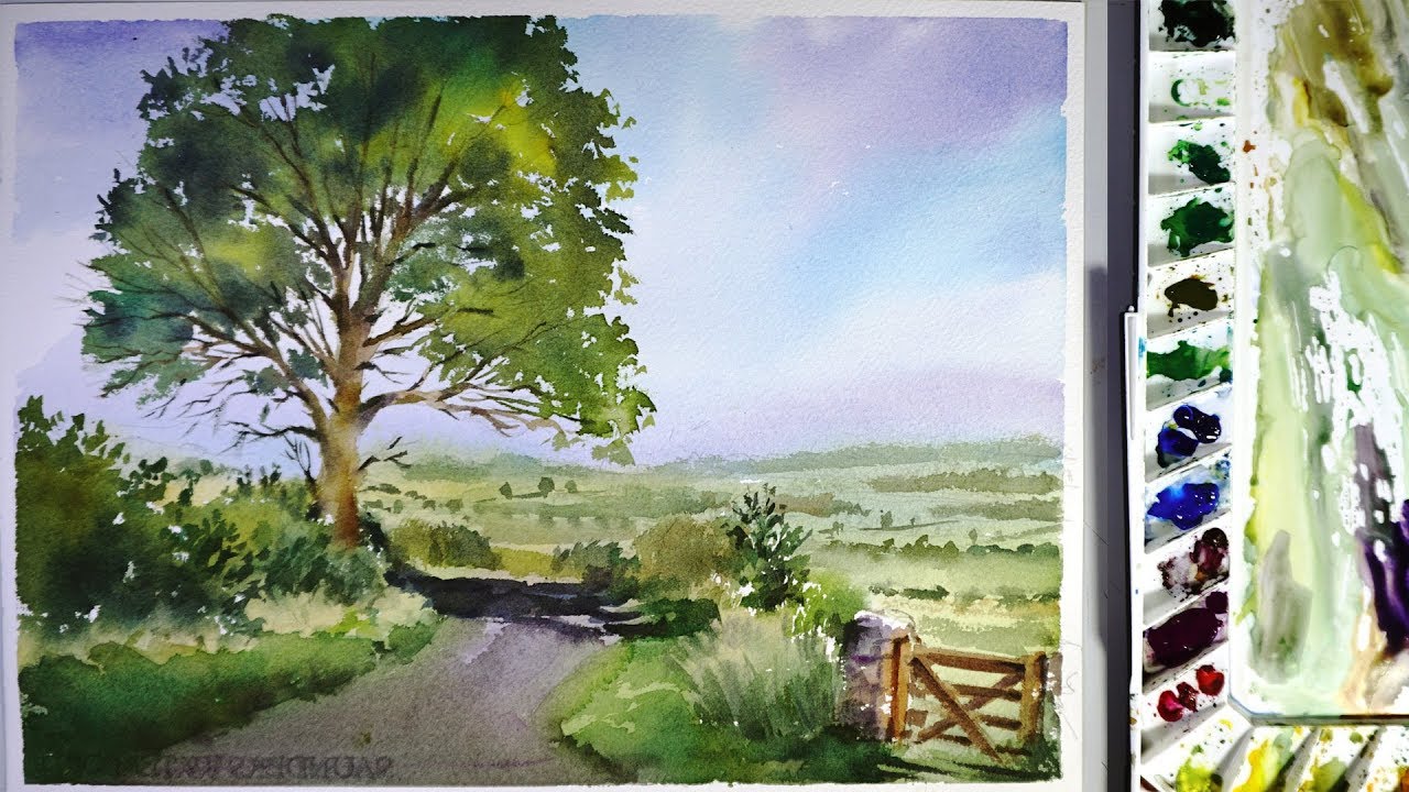 1280x720 Watercolor Landscape Painting A Road Across A Field - Road Watercolor