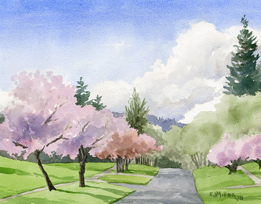 530x415 Cherry Blossom Road - Road Watercolor
