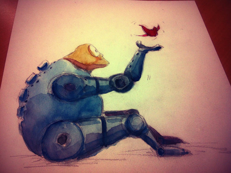 800x598 Quick Watercolor Painting Robot With A Bird - Robot Watercolor