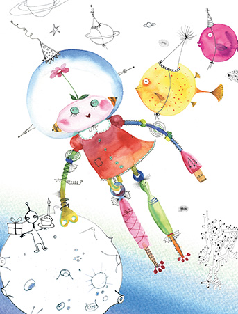343x451 Robot Space Girl Birthday Aliens Masha Dyans Watercolor Greeting - Robot Watercolor