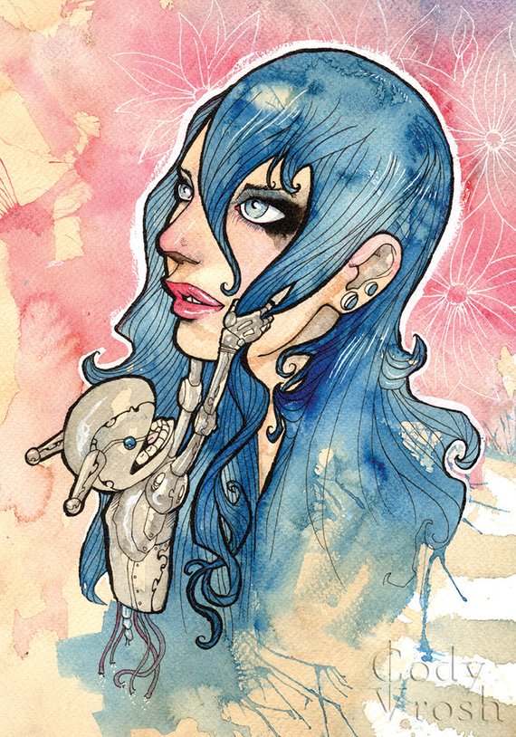 570x814 Love Art Print Robot Art Print Watercolor Painting Coffee - Robot Watercolor