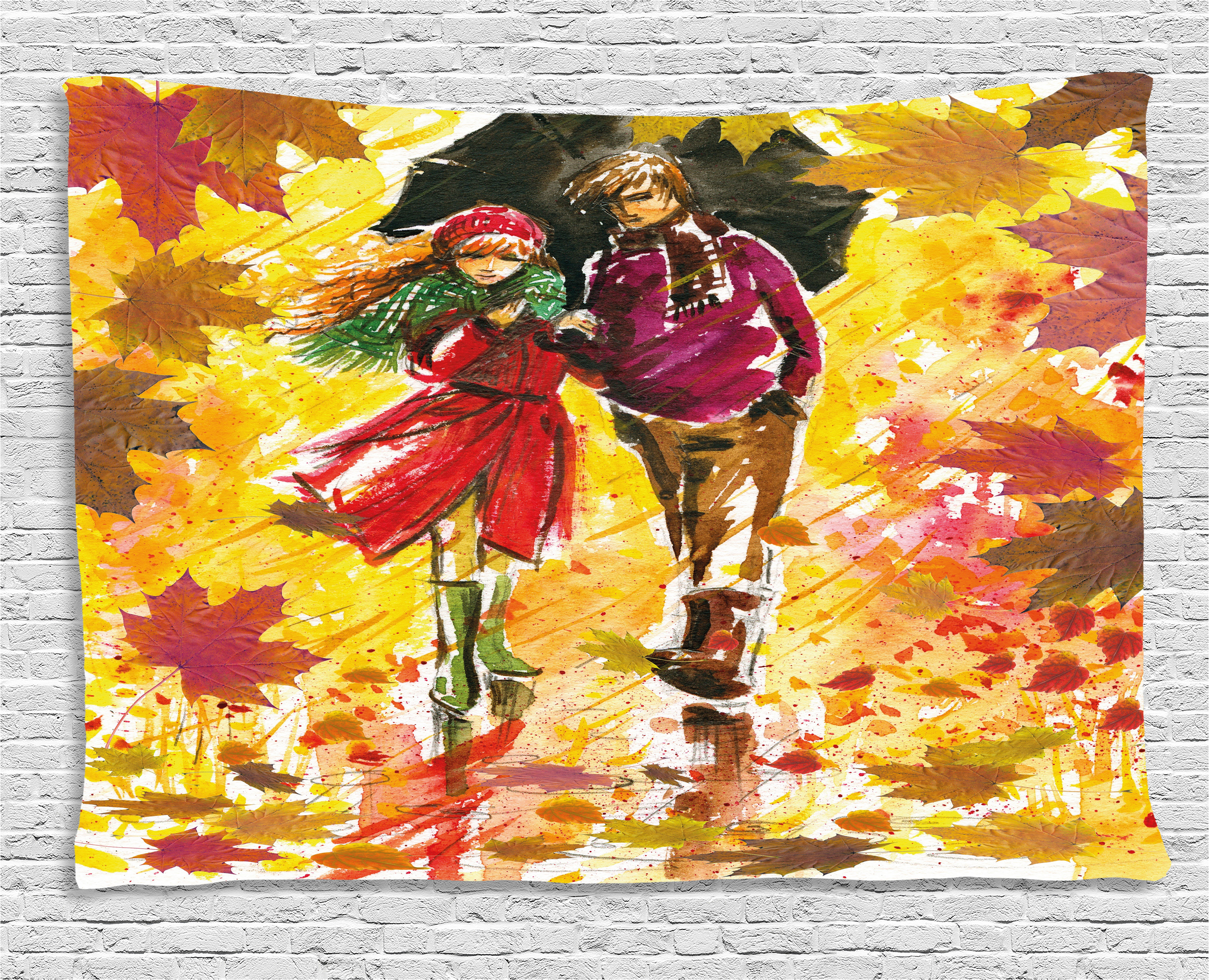 2565x2080 Fall Decor Tapestry, Couple Walking - Romantic Watercolor
