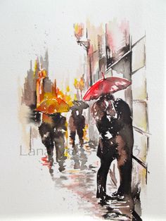 236x314 Love Autumn Rain Romance Kiss Original Watercolor Painting - Romantic Watercolor Paintings