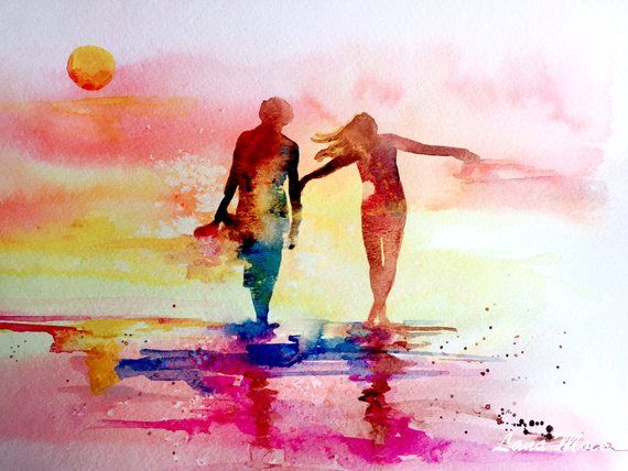 570x428 Romantic Sunset, Lovers Print Watercolor, Travel Illustration - Romantic Watercolor Paintings