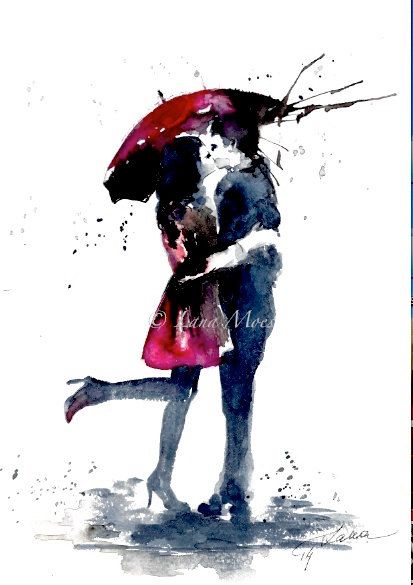 413x585 Romantic Watercolor Painting, Love Kiss Red Umbrella, Couples Art - Romantic Watercolor Paintings