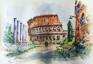 300x207 Signed Pen And Wash Ink And Watercolor Rome Ii Colosseo 20 X 13 1 - Rome Watercolor