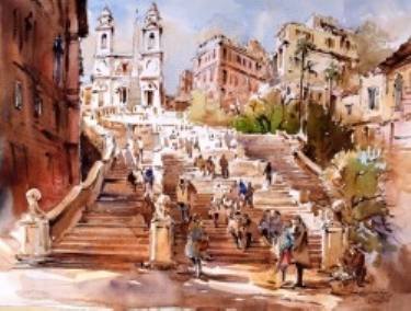 375x284 Spagna Spanish Square Rome Painting By Ng Woon Lam Singapore - Rome Watercolor