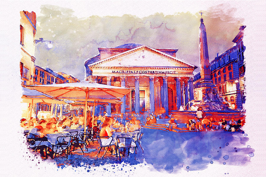 900x600 The Pantheon Rome Watercolor Streetscape Mixed Media By Marian Voicu - Rome Watercolor