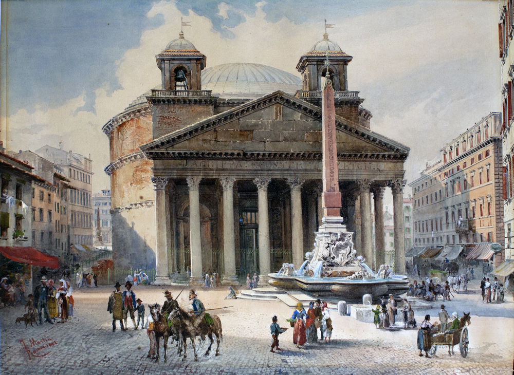 1000x730 The Pantheon In Rome Watercolor Signed F. Martin 1882 Bruschini - Rome Watercolor