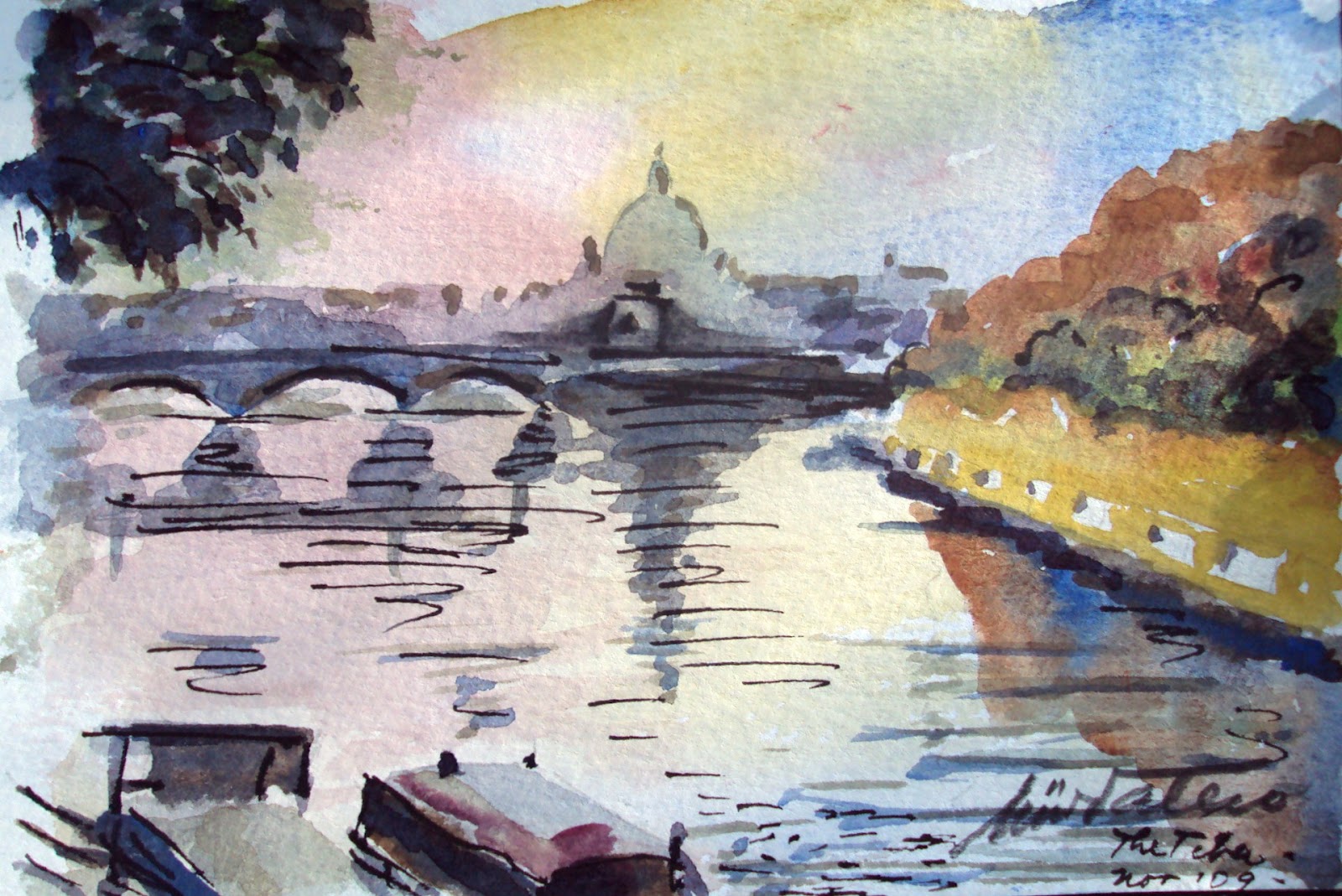 1600x1069 Minnie Valero Crossing The Tebere In Rome, Watercolor - Rome Watercolor