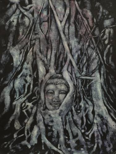 375x497 Watercolor Painting Of Ruined Buddha Head Entwined In Tree Roots - Roots Watercolor