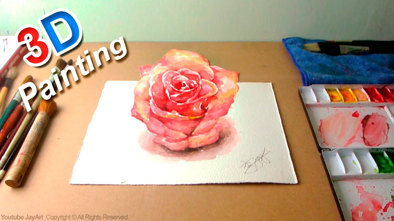 1280x720 3d Rose Painting In Watercolor, Optical Illusion - Rose Art Watercolors