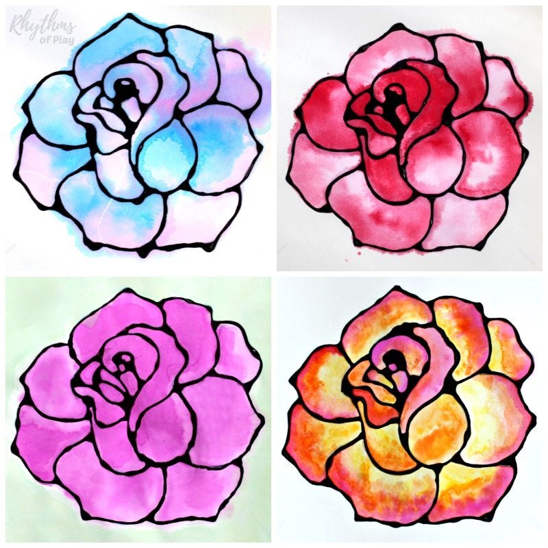 800x800 Black Glue Rose Watercolor Resist Art Project Rhythms Of Play - Rose Art Watercolors