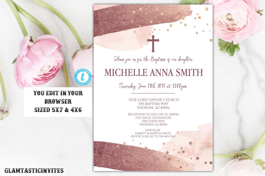 1024x681 Rose Gold Watercolor Baptism Invitation Template Instant Download - Rose Gold Watercolor