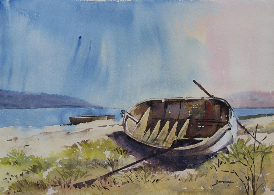900x639 Beached Row Boat Painting By Vinayak Deshmukh - Row Boat Watercolor