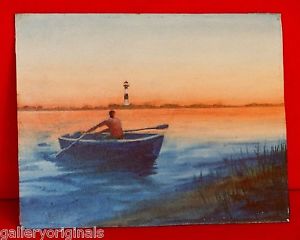 300x240 Vintage Watercolor Painting Signed Weiss Seascape Lighthouse Man - Row Boat Watercolor