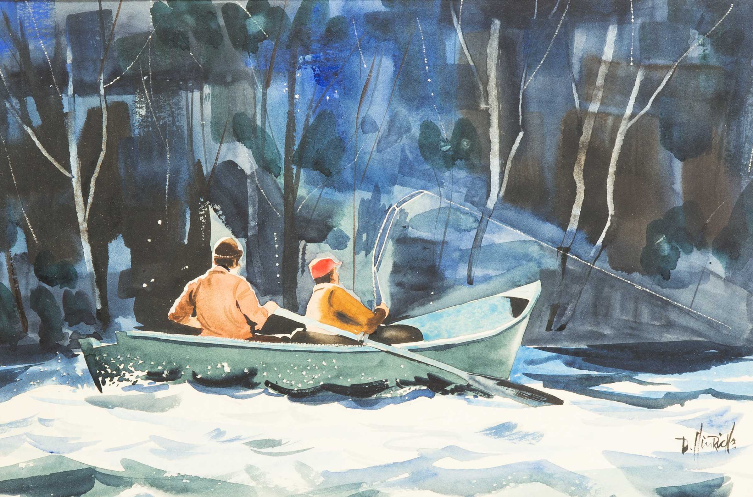 2394x1582 Watercolor Painting Of 2 Men In A Rowboat Fly Fishing - Row Boat Watercolor