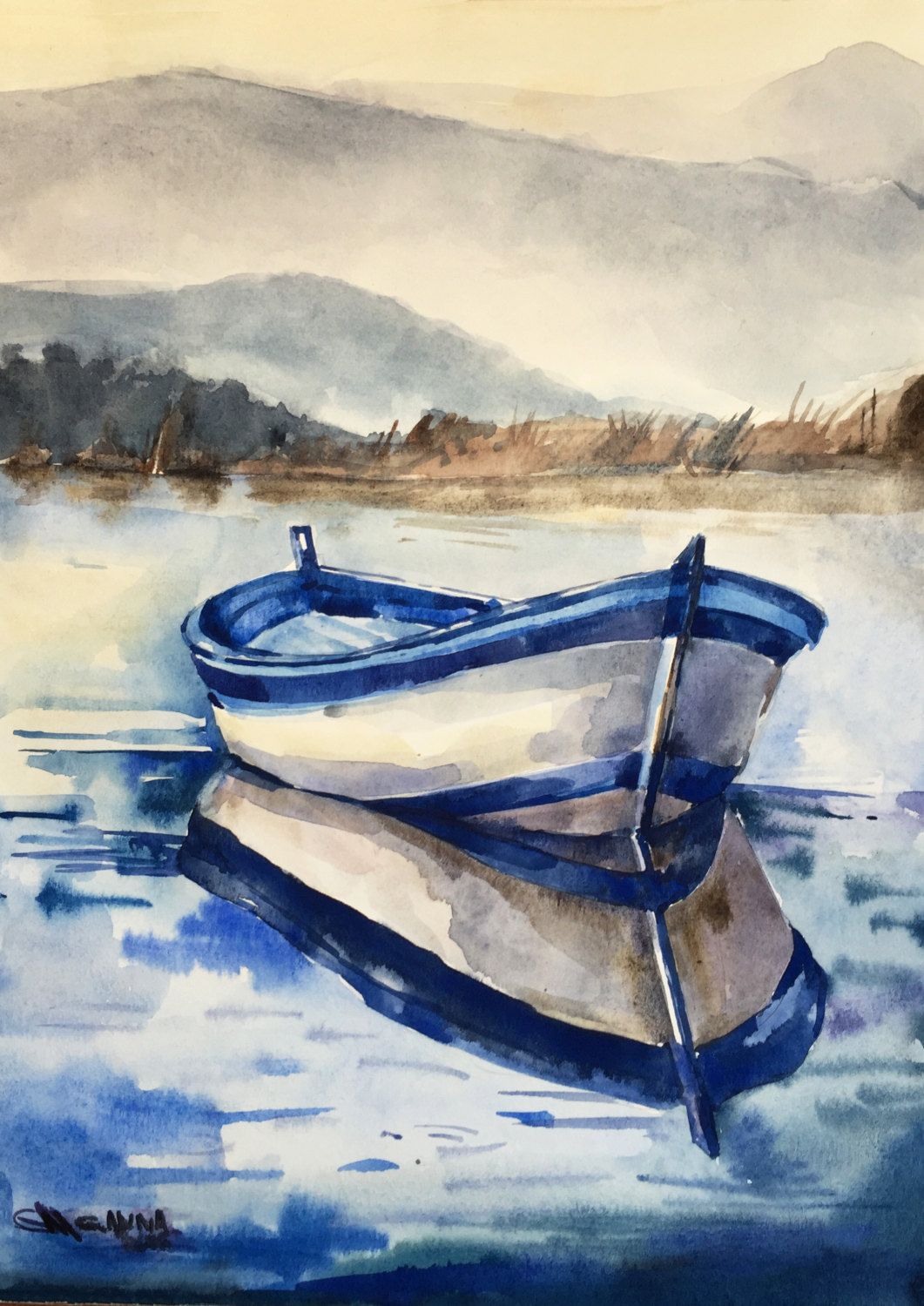 1061x1500 Foggy Morning, Boat The Shore, Rowboat, Seascape, River, Sea, Lake - Row Boat Watercolor