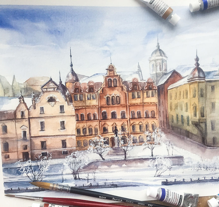 880x833 I Paint Architectural Landscapes Of Russian Cities Using - Russian Watercolor