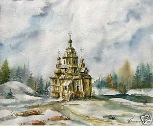 300x246 Painting Original Watercolor Russian Wooden Church Karjala - Russian Watercolor