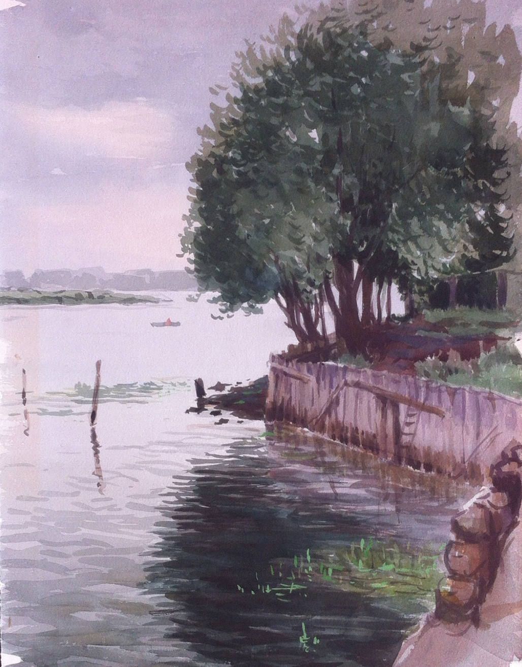 1028x1315 Vintage Riverscape Original Watercolor Painting 1950s Waterscape - Russian Watercolor Paints