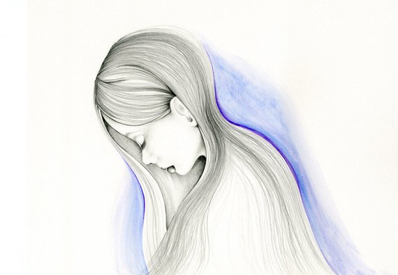 570x395 Sad Girl Painting Watercolor Painting Pencil Drawing Fine Art Etsy - Sad Watercolor