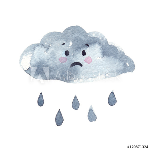 500x500 Little Sad Cartoon Cloud With Raindrops Painted In Watercolor On - Sad Watercolor