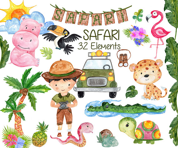 570x475 Watercolor Safari Animals Clipart African Animals Wild Animals - Safari Watercolor