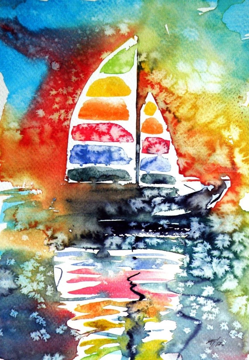 850x1227 Rainbow Sailboat - Sailboat Paintings Watercolor