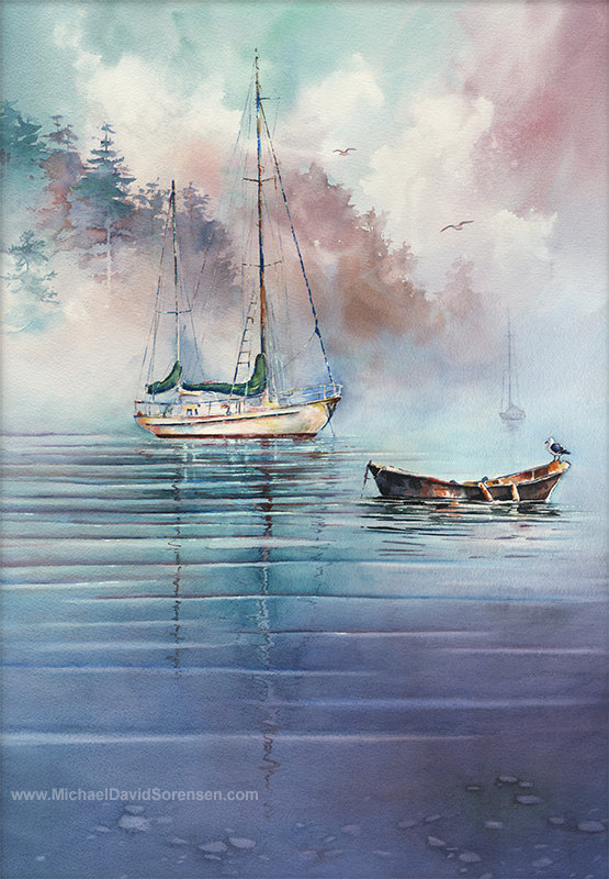 555x800 In The Mist - Sailboat Watercolor
