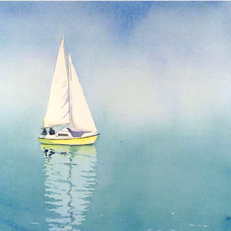 736x734 Blue And Yellow Sail Boat Art Watercolor Painting Print Sailboat - Sailboat Watercolor