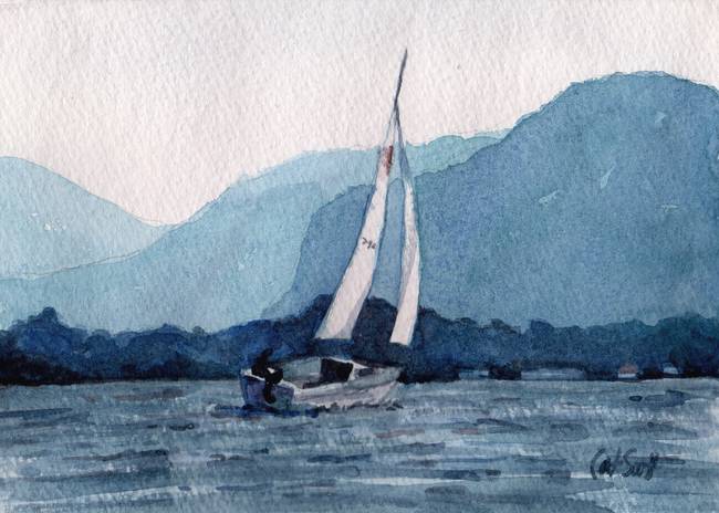 650x464 Sailboat On Lake George By Cat Scott - Sailboat Watercolor