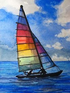 225x300 Watercolor Painting Ocean Sailboat Rainbow Sail Sport Aceo Art - Sailboat Watercolor