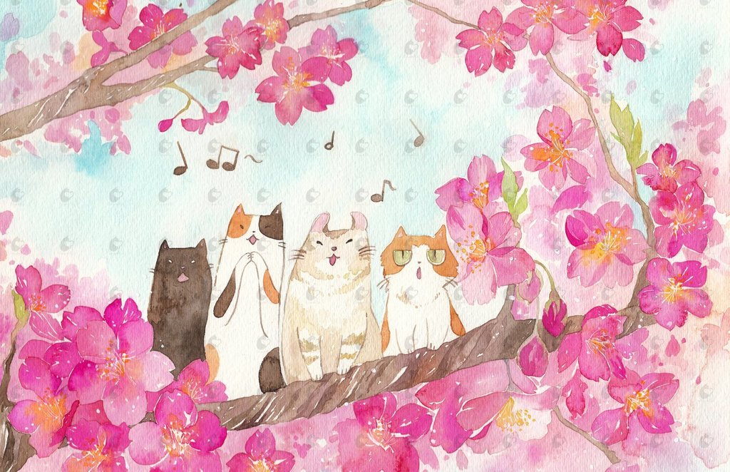 1024x662 Watercolor Sakura La Cat Ensemble 13x19 Art Print Penelopeloveprints - Sakura Watercolor