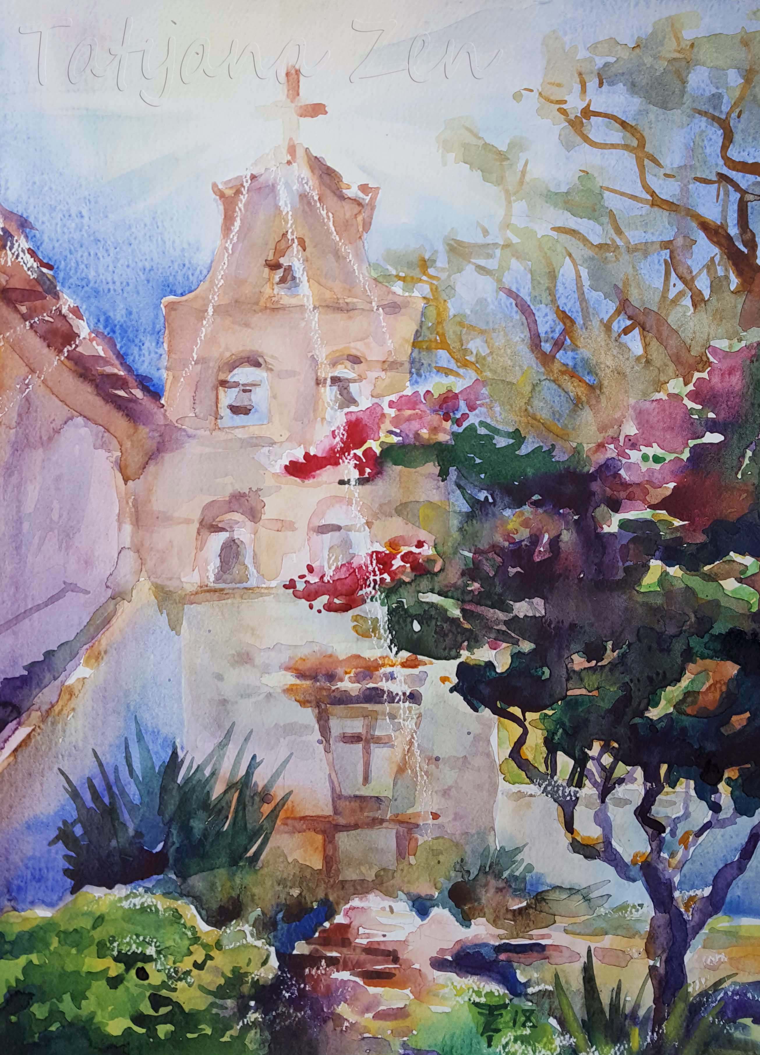 2610x3620 Mission San Diego Watercolor Painting For Sale Original Artwork - San Diego Watercolor