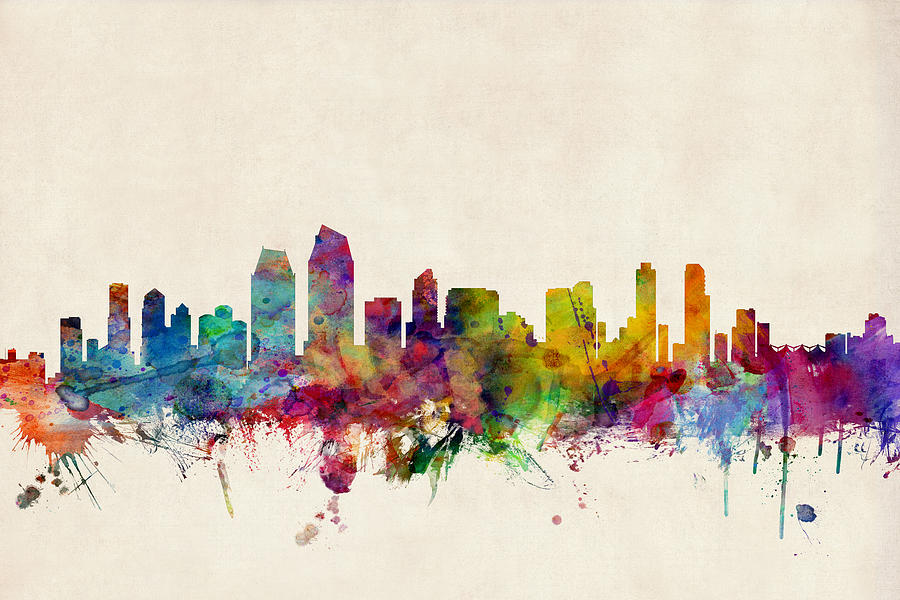 900x600 San Diego Skyline Digital Art By Michael Tompsett - San Diego Watercolor