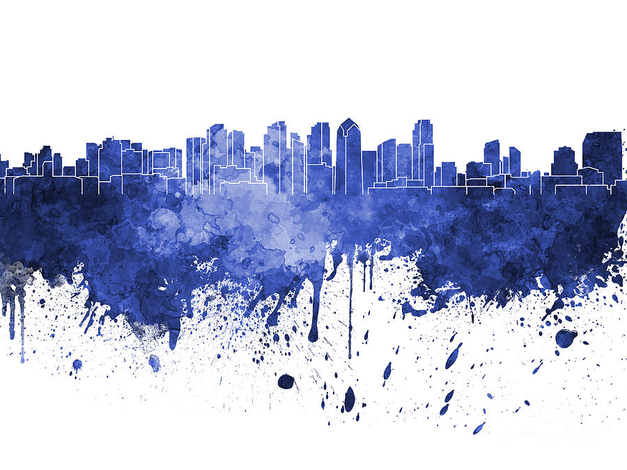 900x675 San Diego Skyline In Blue Watercolor On White Background Painting - San Diego Watercolor