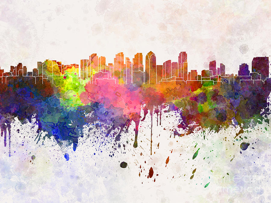 900x675 San Diego Skyline In Watercolor Background Painting By Pablo Romero - San Diego Watercolor