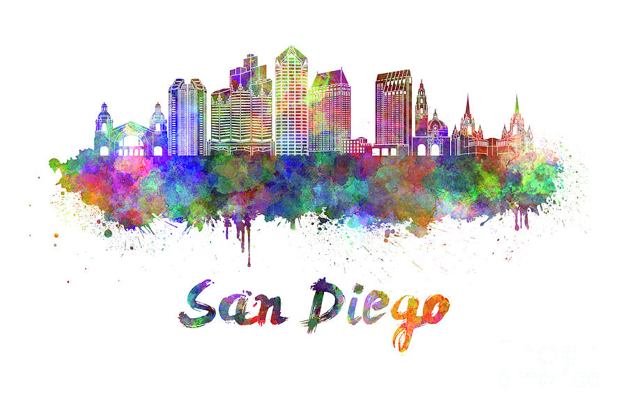 900x590 San Diego Skyline In Watercolor Painting By Pablo Romero - San Diego Watercolor