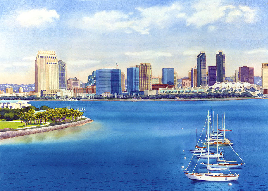 900x642 San Diego Skyline With Meridien Painting By Mary Helmreich - San Diego Watercolor